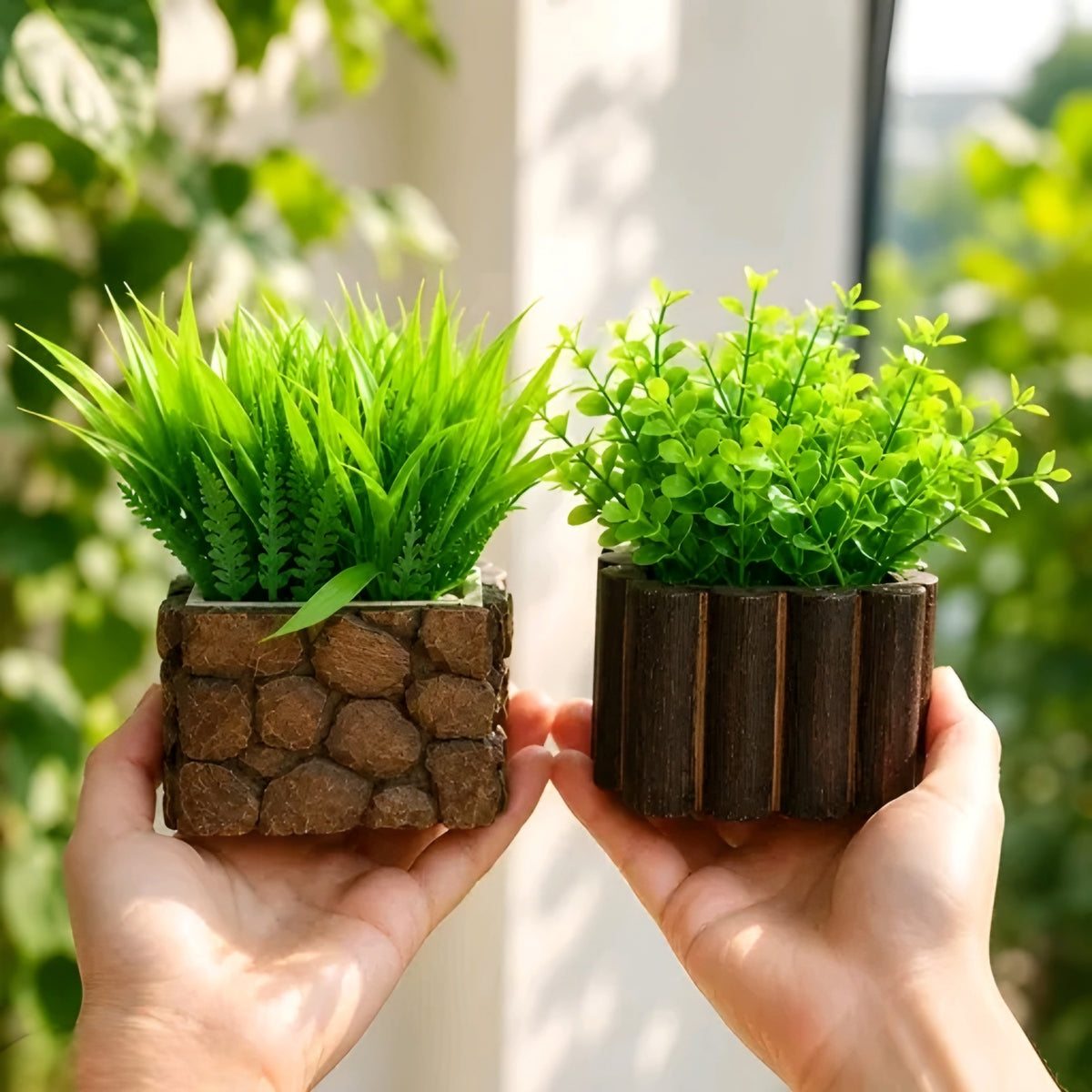 Rustic Wooden-Finish Tabletop Artificial Plants (Set of 2)