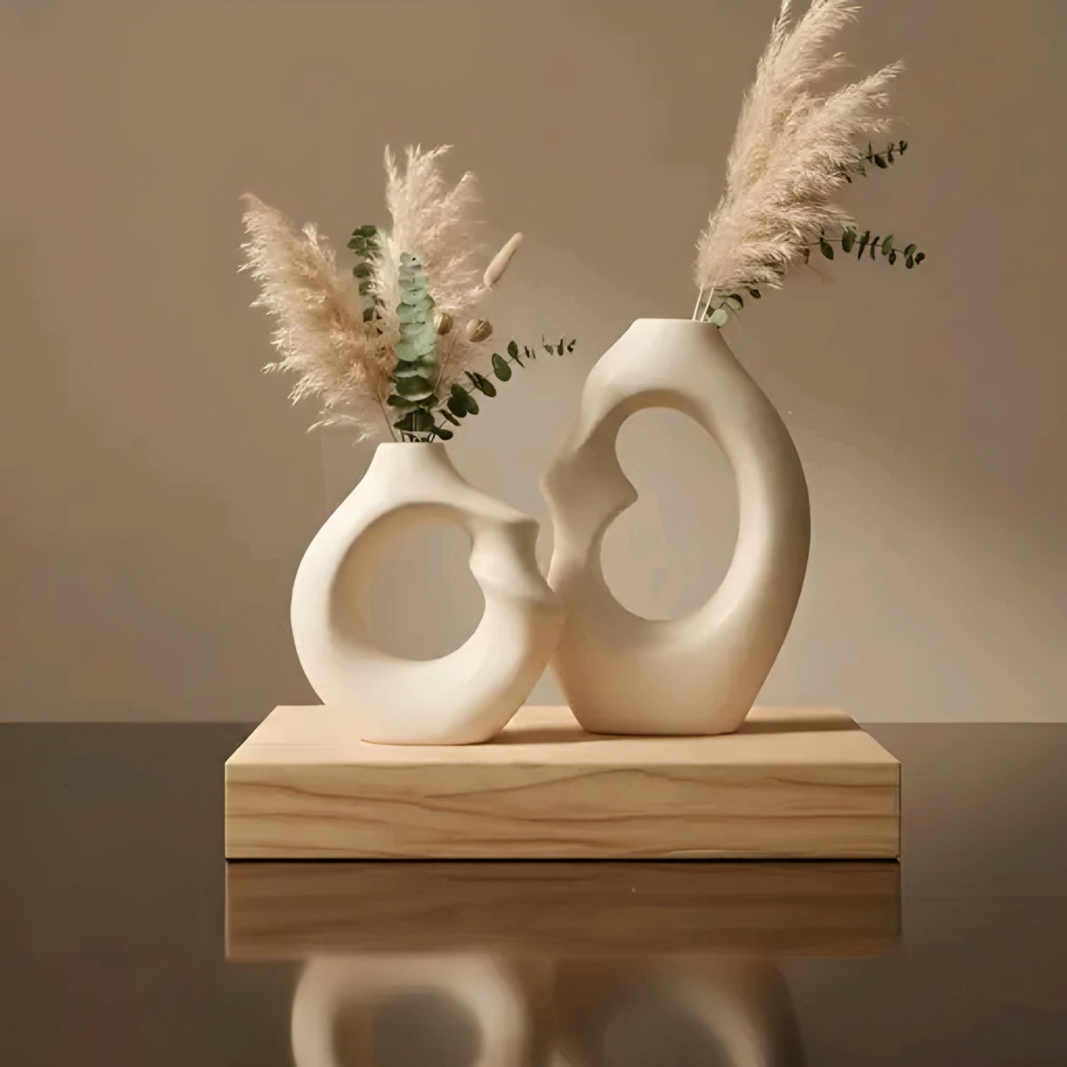 Modern Abstract Matte White Ceramic Vases (Set of 2 - Hollow Doughnut & Curved Design)