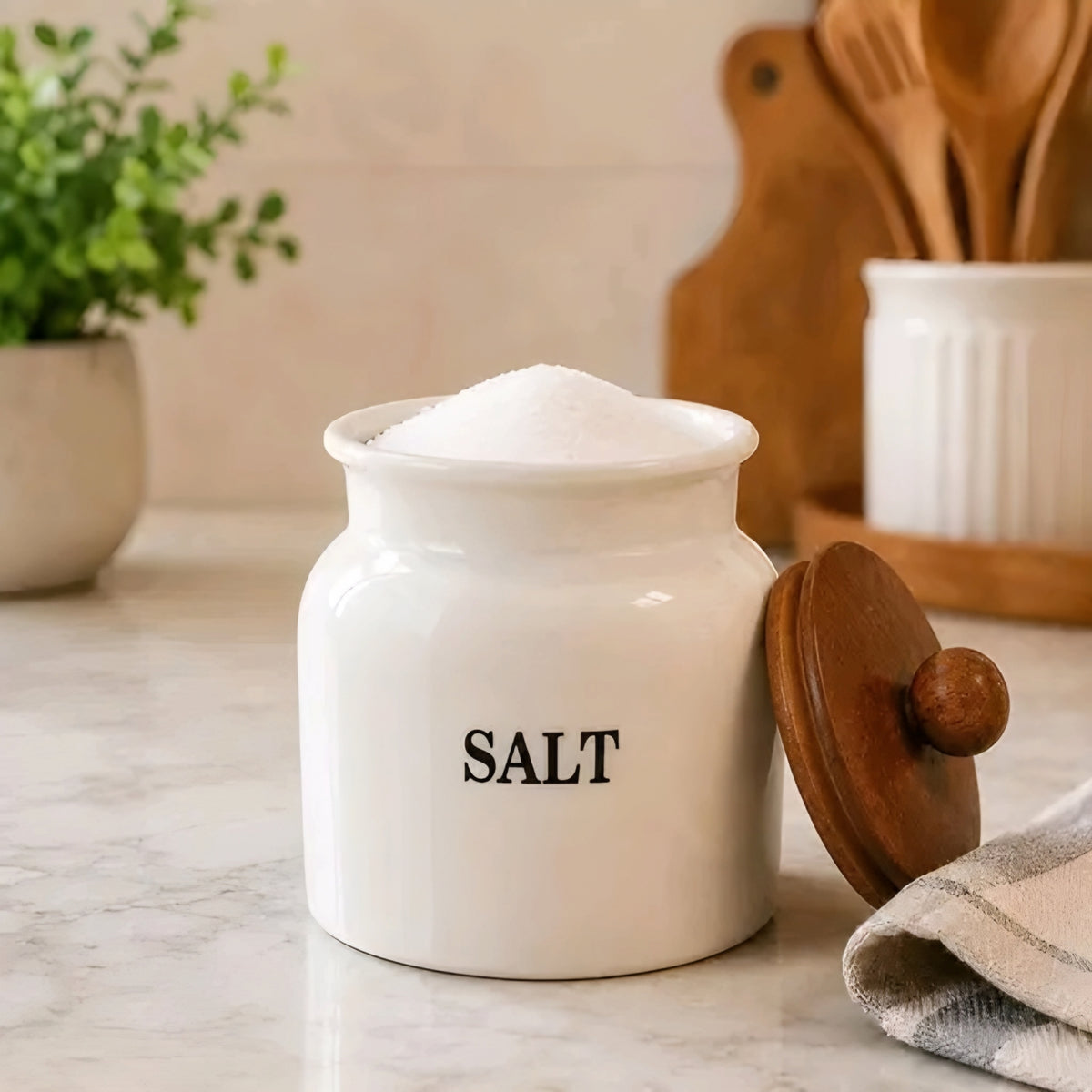 Aesthetic 3-Piece Powder-Coated Spice Storage Containers with Wooden Lids (Salt, Red Chilli & Haldi)
